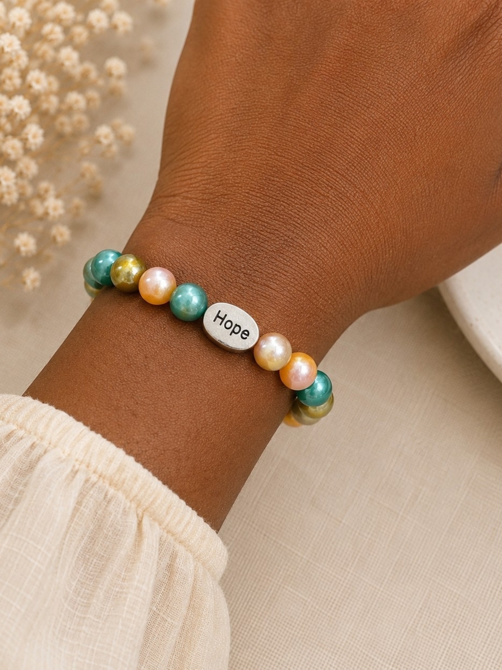 Hope Bracelet | Handmade Inspirational Stretch Bracelet | Green & Gold Beaded Br